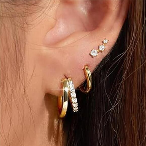 Gold Hoop Earrings Set 14K Plated Hypoallergenic Studs Multiple Piercings - Picture 4 of 7